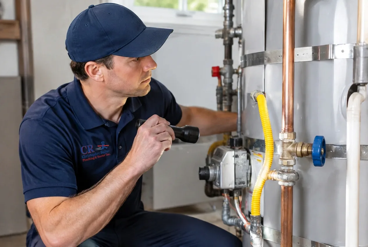 Christopher Rajtar Plumbing & Rooter technician in a branded navy uniform inspecting copper supply lines and a water heater in a residential utility area