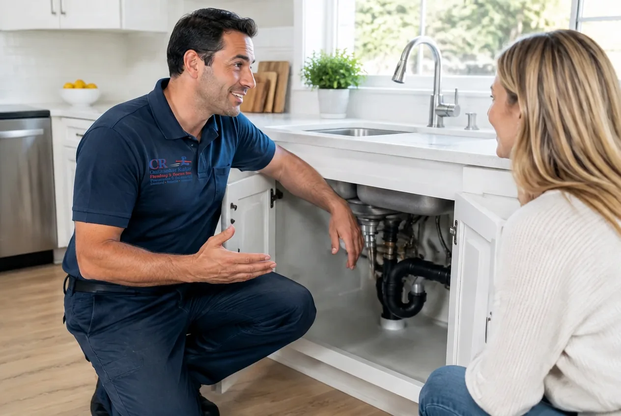 Christopher Rajtar Plumbing & Rooter technician in a branded navy uniform using a flashlight and inspection camera monitor to diagnose a drain under a sink