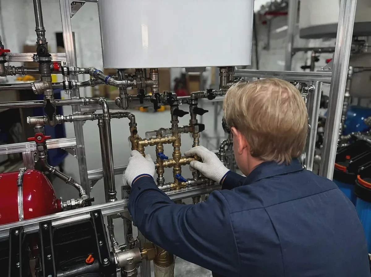 Christopher Rajtar Plumbing and Rooter technician in a logo jacket servicing valves and gauges on a boiler and hot water storage tank