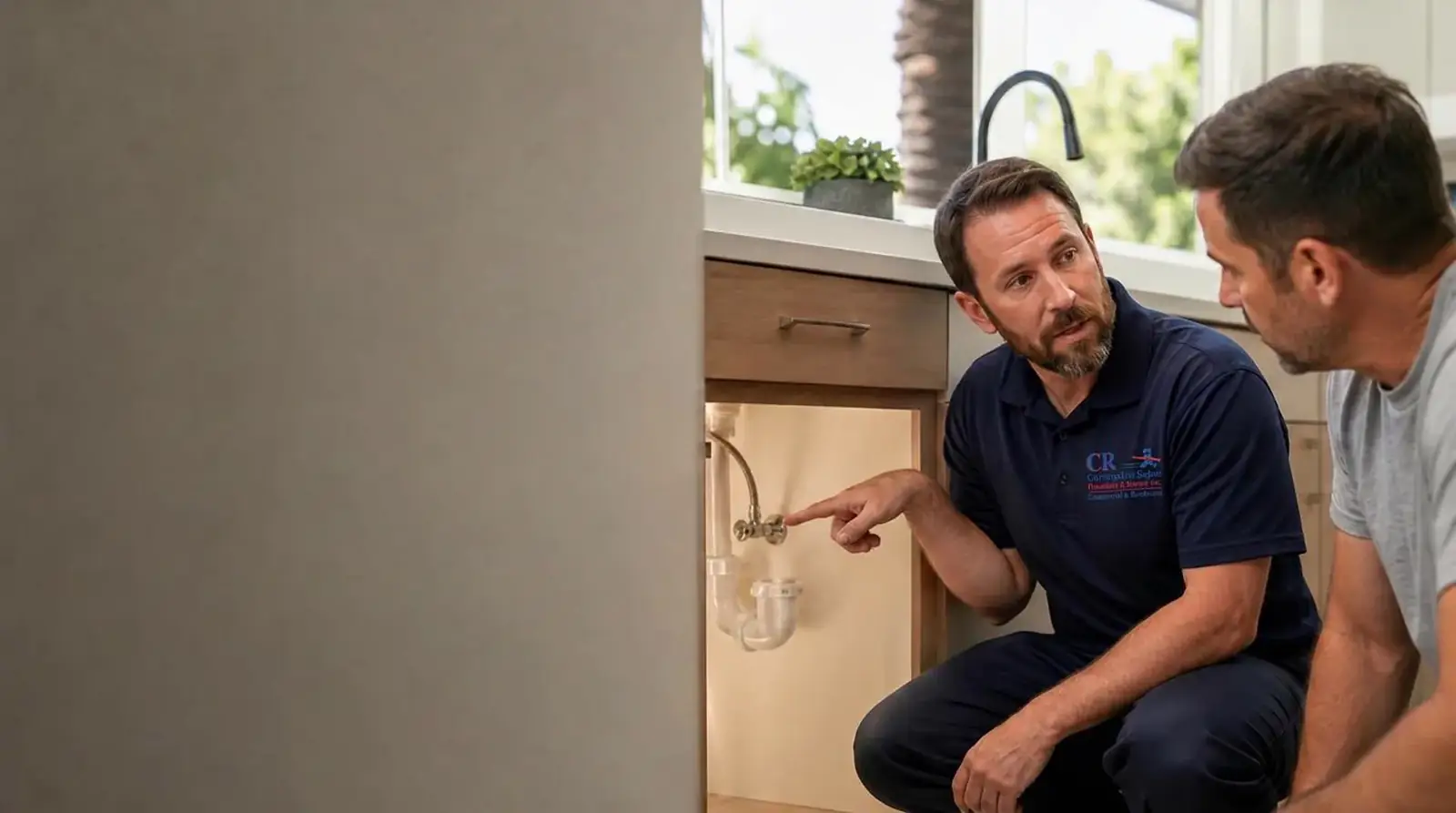 Christopher Rajtar Plumbing & Rooter technician in a branded navy uniform explaining an under-sink repair to a homeowner in a bright Southern California kitchen