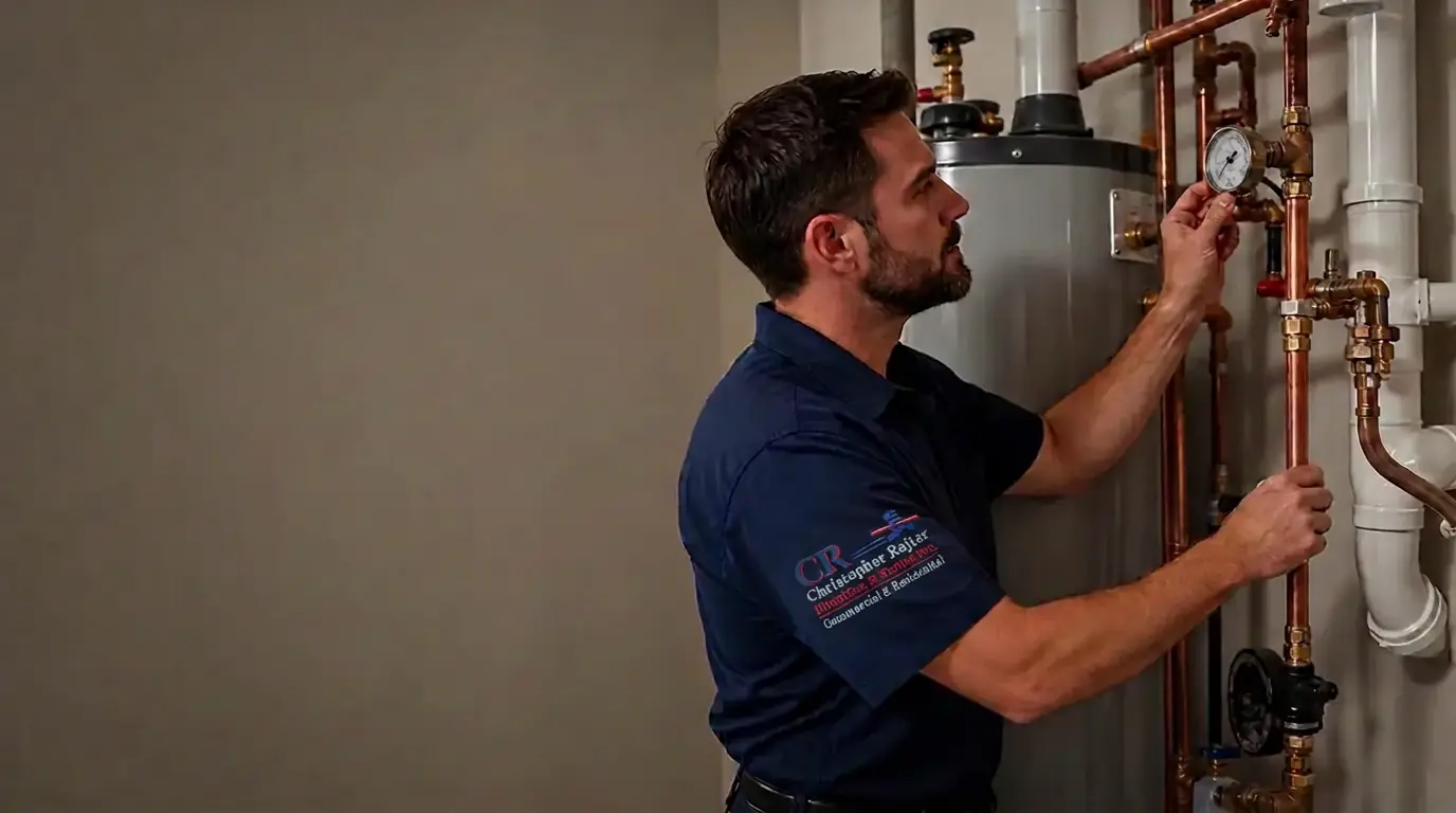 Christopher Rajtar Plumbing & Rooter technician in a branded navy uniform checking the pressure gauge on a newly installed water heater in La Crescenta