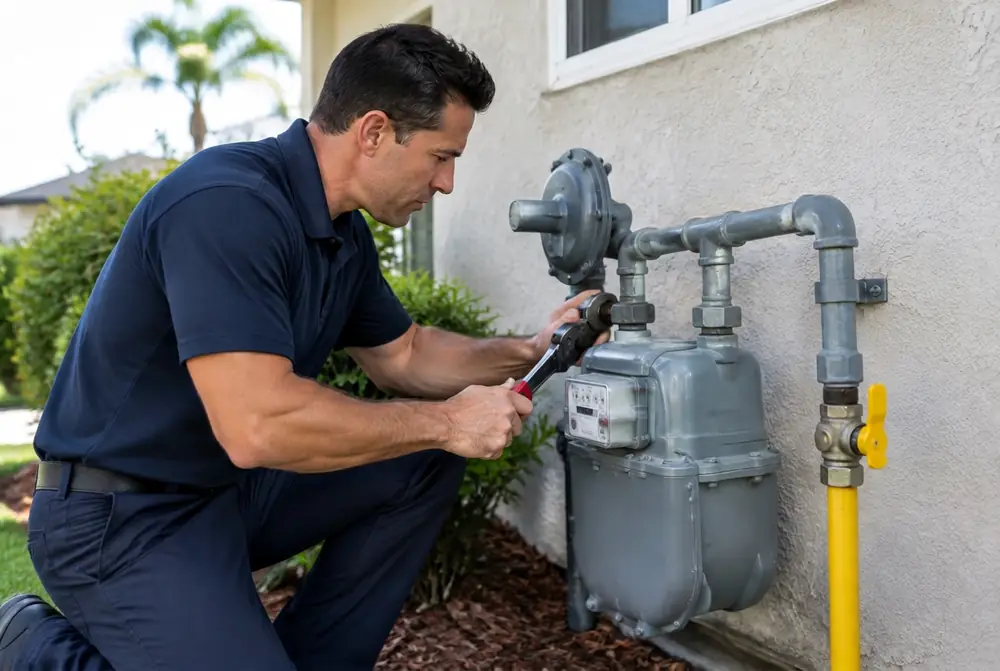 Gas technician in an official CR-branded navy polo servicing a residential gas meter