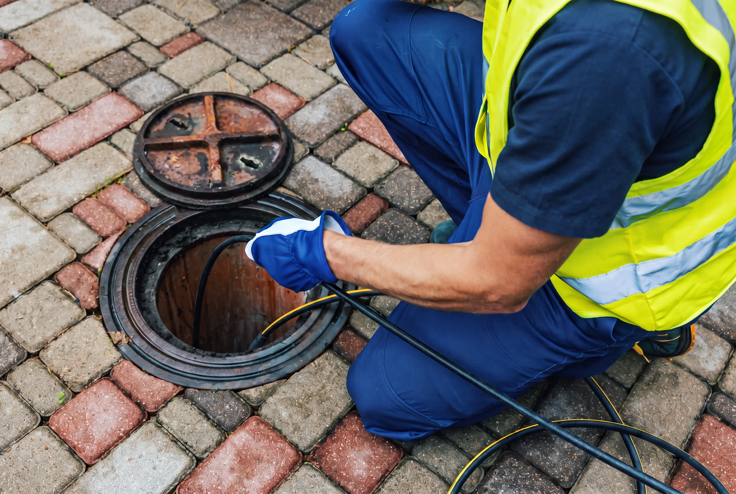 Technician in a hi-vis vest feeding a hydro jetting hose into an open sewer manhole on a paved driveway