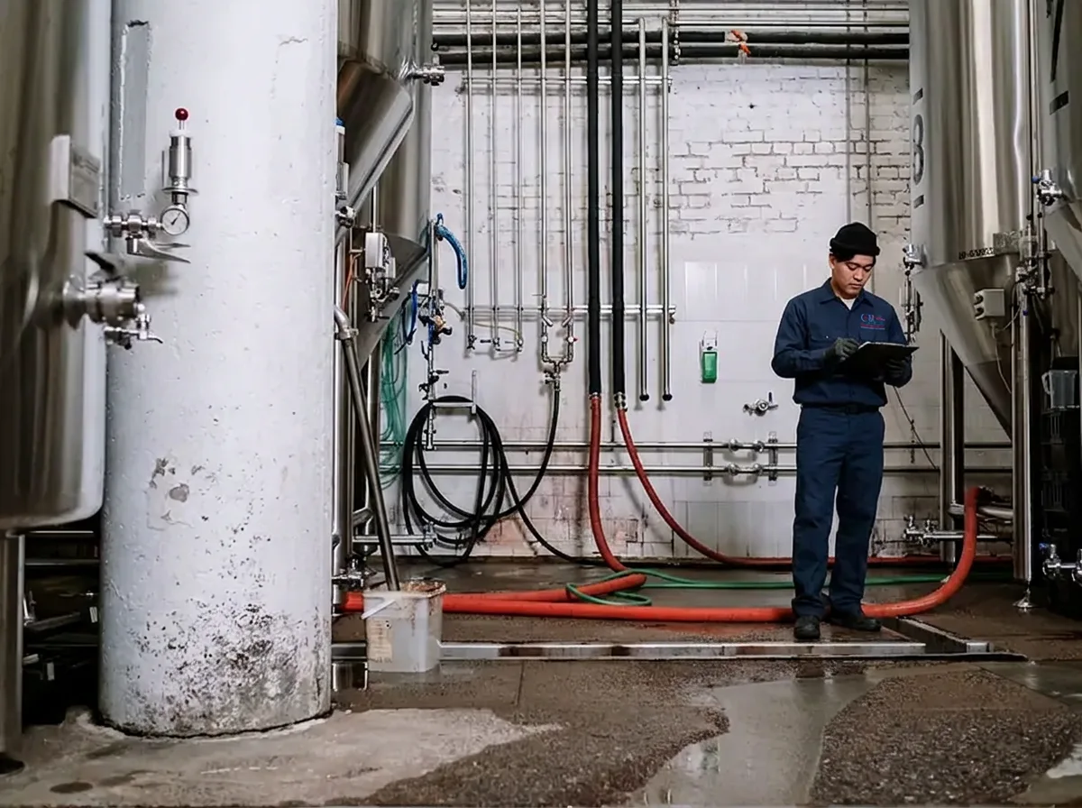 Technician checking pressure and flow on large industrial water pipework after completing a repair