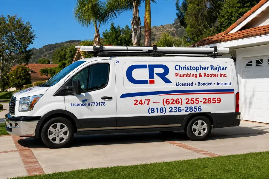 Christopher Rajtar Plumbing & Rooter Inc. branded service van and uniformed technician on a residential job in La Crescenta, California